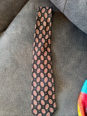 Tiffany & Co. Black Silk Tie with Burgundy and Gold Medallions